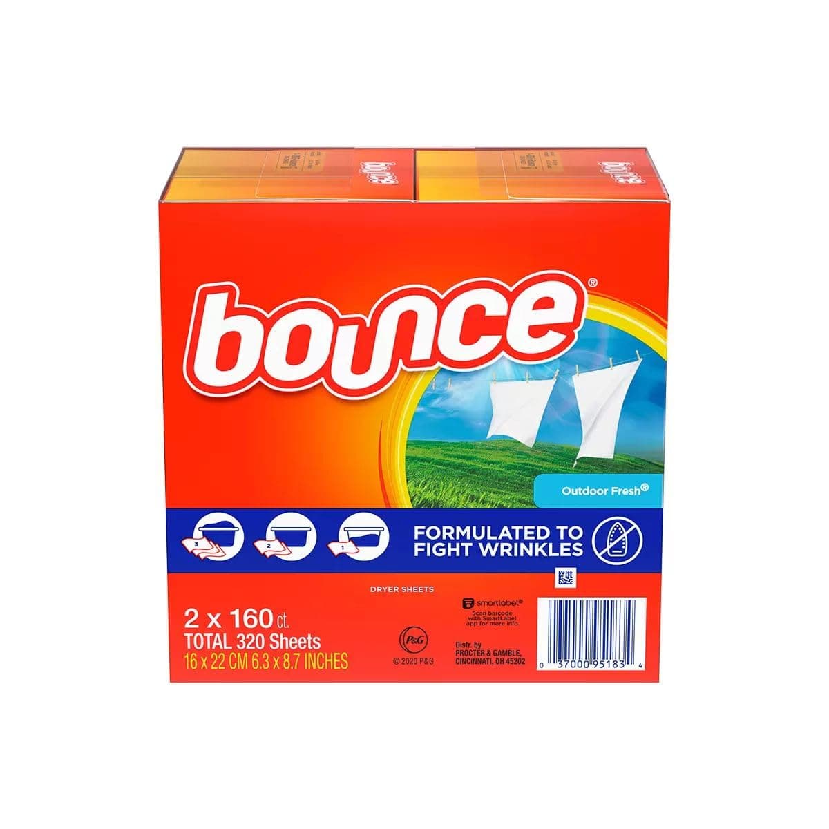 Bounce 2 Boxes Outdoor Fresh Dryer Sheets, total 320 sheets