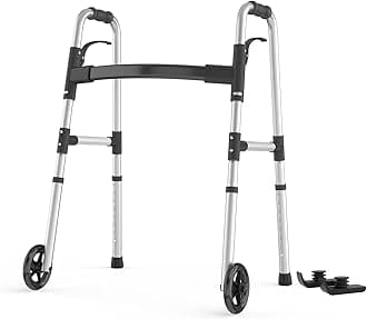 LoyodaWalkers for Seniors, FSA/HSA Eligible Folding Walker with Ski Glides 5'' Front Wheel Medical Lightweight Walker Height Adjustable Aluminum Standard Walker for Handicap and Adults (Silver)