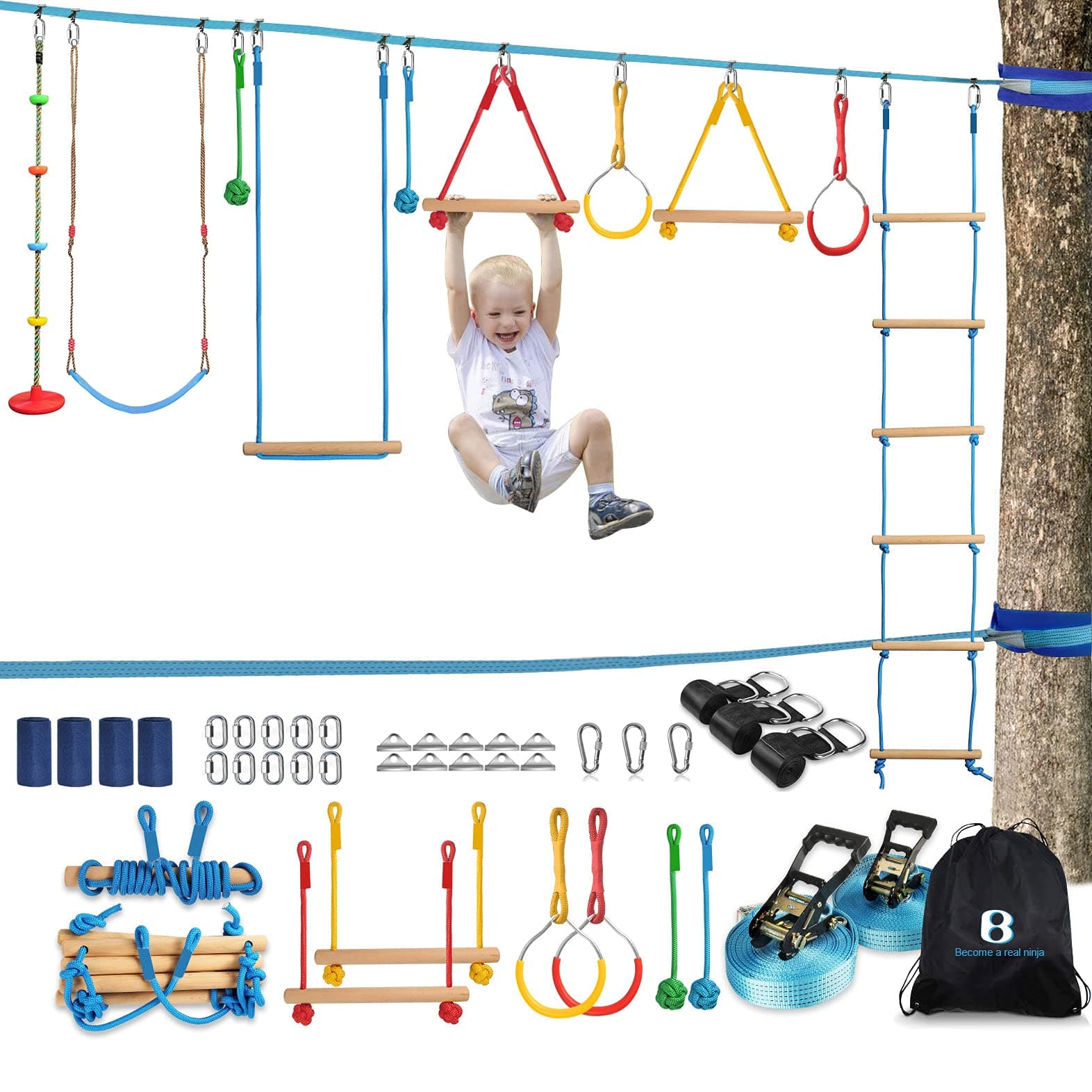 SUNCITY Ninja Warrior Obstacle Course Kit for Kids - 2 X 52' Slackline Zipline 37 PCS Hanging Monkey Bars Fists Gym Rings Swing Rope Ladder Portable Outdoor Toys Training Equipment Set for Backyard