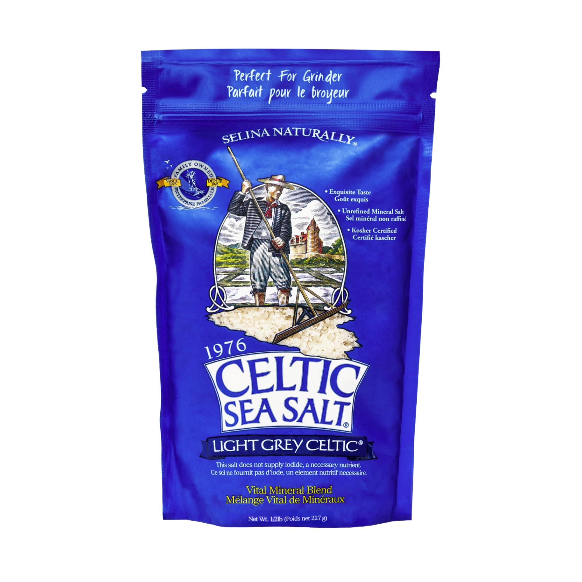 Celtic Sea Salt Light Grey Coarse – Unrefined Mineral Salt, 70+ Trace Minerals, Sustainably Harvested, GMP Certified – Cooking, Finishing, Hydration, Grinder Use – ½ Pound Resealable Bag