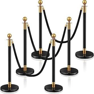 Stainless Steel Stanchion Post Queue 5 ft Red Velvet Rope Red Carpet Ropes and Poles Crowd Control Barriers Sand Injection Hollow Base and Velvet Ropes Set for Party Supplies (6 Pieces, Black, Gold)