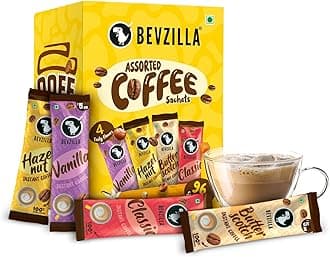 Bevzilla 96 Instant Coffee Powder Sachets(4 Flavours) - 2 Gram Each Sachet| Turkish Hazelnut, Colombian Gold, French Vanilla & English Butterscotch | 24 Sachets Each Flavour| Hot & Cold Coffee| Makes 96 Cups| 100 % Arabica Coffee| Strong Coffee| Easy To Carry| Best Coffee| Espresso, Latte, Cappuccino