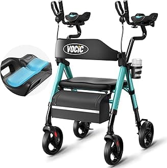 VOCIC Walkers for Seniors, Upright Walker with Adjustable Armrests, Z22 GelCool Stand Up Walker with Ergo Seat & Backrest, 8" All Terrain Rollator with 300lb,Cup& Cane Holder
