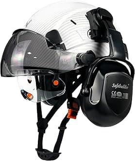 Safety Helmet With Visor Ear Muffs Work at Hight Carbon Fiber Abs Hard Hat For Industrial Construction Head Protection ANSI Z89.1 Approved(01-Matte White+Clear&Tinted Visors+B07E Earmuffs)